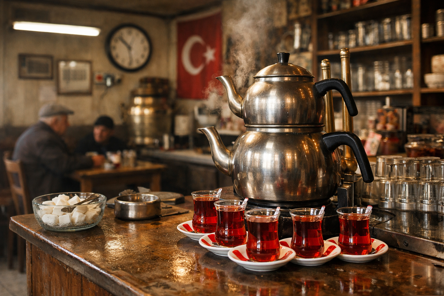 Çay ocağında demlik ve bardaklar